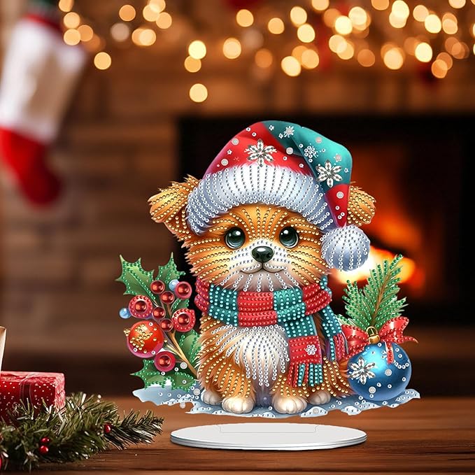 LAKEQUILL Christmas Diamond Painting Kits, Tabletop Ornament, Stand Up Diamond Art Desktop Kits for Home Office Decor, New Year Gift - Christmas Dog