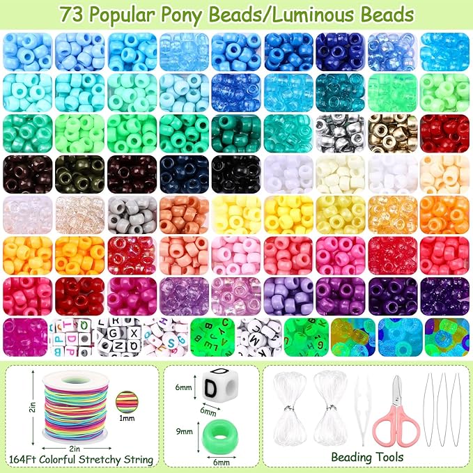 Ferreve 73 Colors 3700 Pcs Pony Beads for Bracelet Making Kit 64 Colors Pony Rainbow Letter Beads 9 Colours Glow in the Dark Beadwork Friendship Bracelet Jewelry Crafts with Elastic Cord