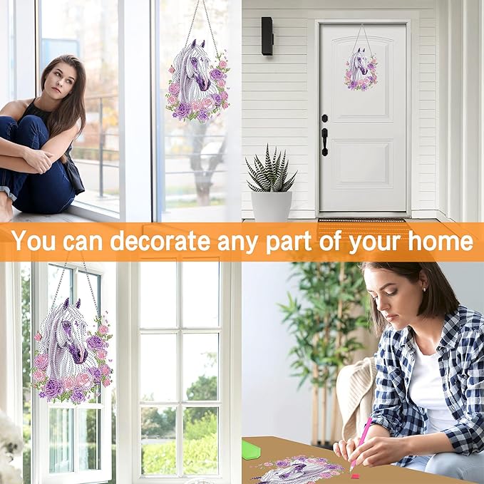 Ginfonr Diamond Painting Kits Hanging Pendant, White Horse Diamond Art Kits for Adults, Special Shaped Rhinestone Animals Diamond Art, Double Sided Home Hanging Kits for Garden Wall Window (8 x 8inch)