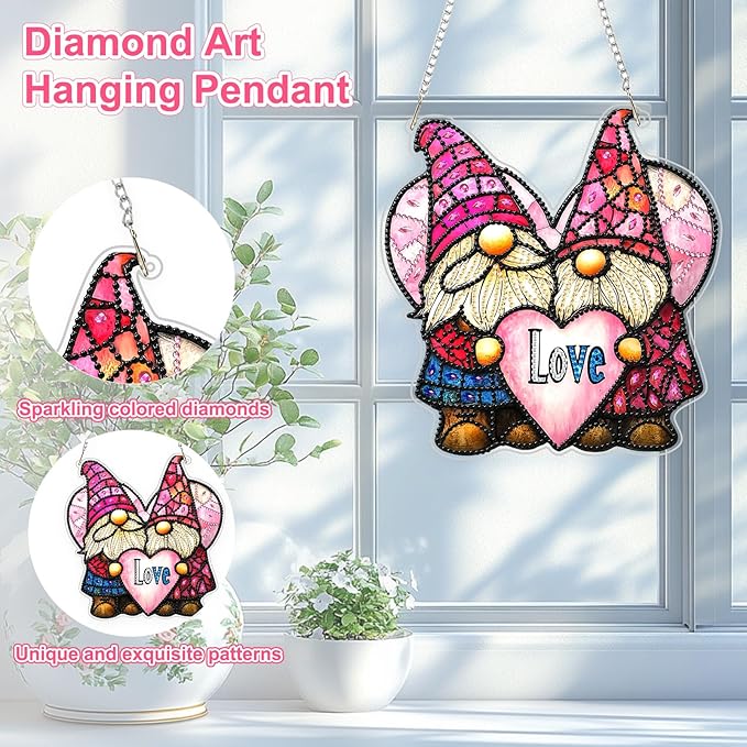 TOSTOG Diamond Art Hanging Kits for Adults, Couple Gnome Diamond Painting for Adults Window Pendant, Valentine Special Shape Diamonds Diamond Painting Hanging Pendant Kit for Home Couple Decor Gift