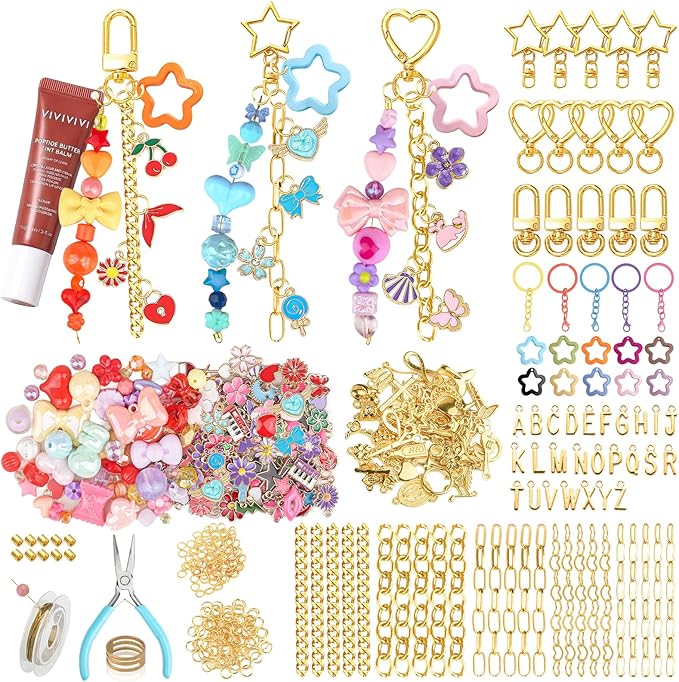 Ecoofor 364 Pcs Keychain Making Kit for Kids & Adults – Includes 20 Keychain Clips, 25 Extender Chains, 136 Charms, Beading Accessories, Jewelry Pliers – DIY Bag Charms & Jewelry Craft Kit Supplies