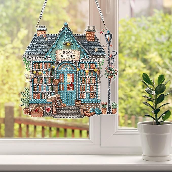 HEIBAGO Book Store Diamond Art Hanging Kits for Adults, Diamond Art Suncatchers, 5D Special Shape Diamond Painting Pendant, DIY Window Ornament Gifts for Home Garden Door Wall Decor 8.3 x 8.3 in