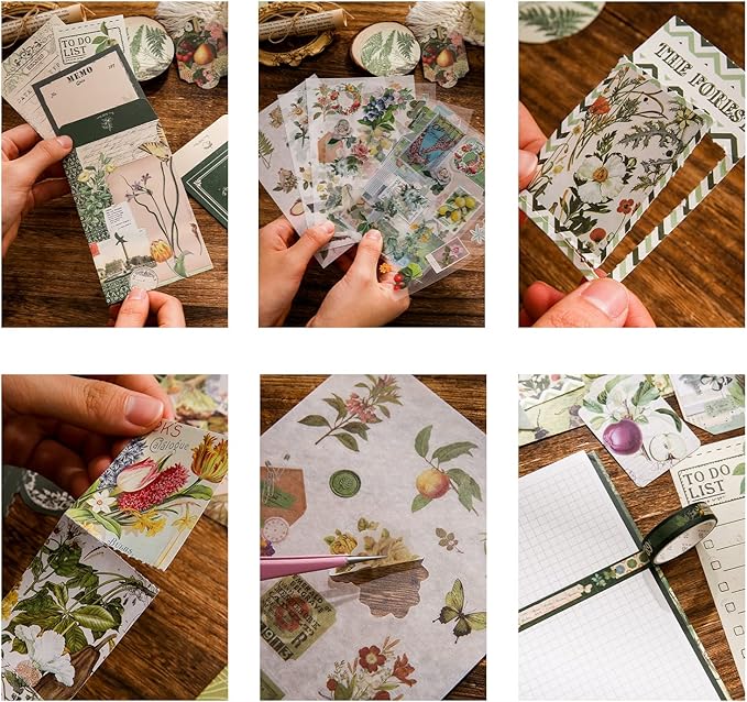 Scrapbooking Supplies Kit, Vintage Botanical Aesthetic Scrapbook Kit for Bullet Junk Journal, Stationery, A6 Grid Notebook, Flower DIY Journaling Supplies, Birthday Craft Gift for Teen Girl Women