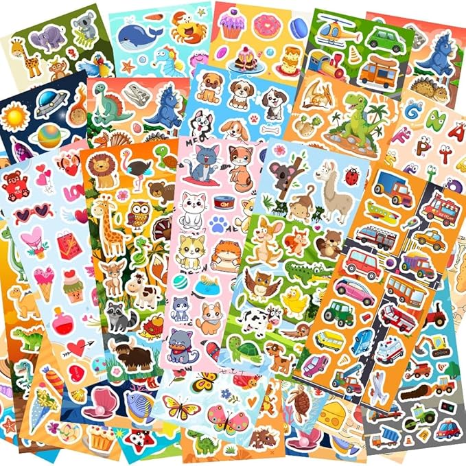 48 sheets stickers for kids, cute stickers variety pack for scrapbooking, teachers classroom prizes, goodie bag stuffers including animals, cars, dinosaurs, fishes, hearts, stars and more