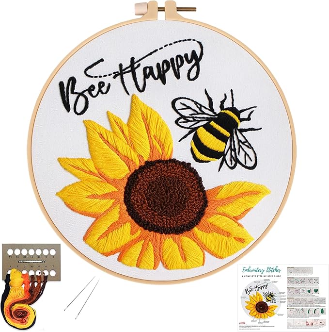 Louise Maelys Embroidery Kits for Beginners,Cross Stitch Kit for Adults,DIY Needlepoint with Bee Sunflower Pattern-Bee Happy