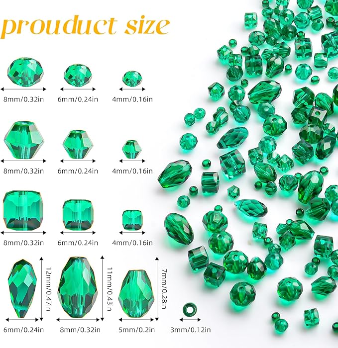 1500 Pcs Crystal Glass Beads for Jewelry Making – 12 Styles Bicone, Rondelle, Cube, Teardrop & 3mm Spacer Beads, DIY Bracelet Necklace Earring Craft Kit(Malachite Green)