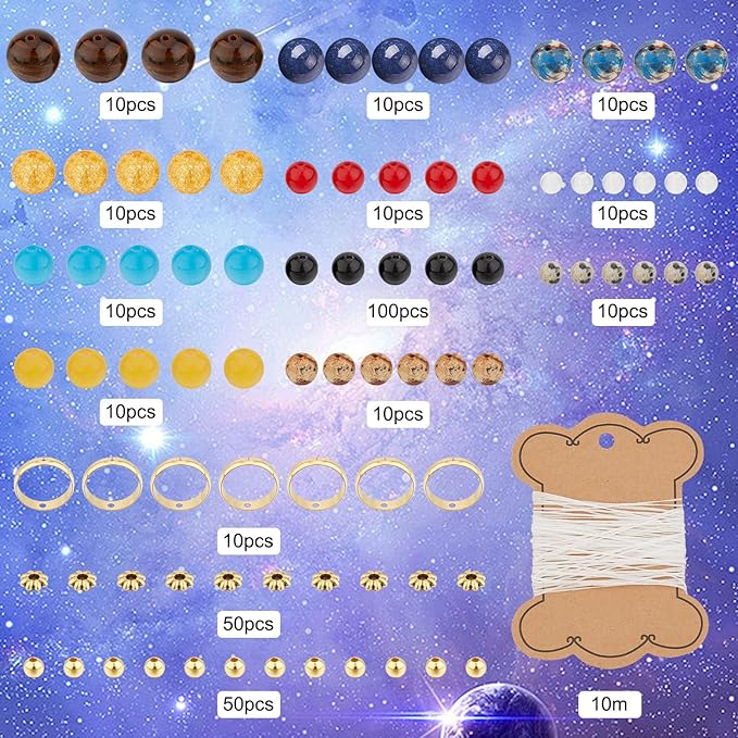 SUNNYCLUE 1 Box 300+Pcs DIY 10 Sets Solar System Bracelets Kit Galaxy Universe The Nine Guardian Planets Obsidian Beads Beading Bracelet Necklace Natural Gemstone Bead for Jewelry Making Kits Craft