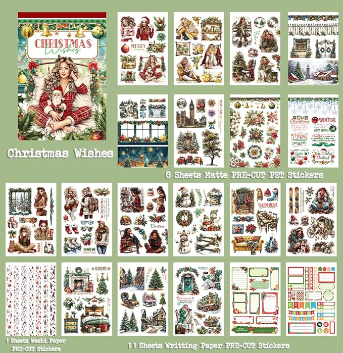 Christmas Wishes Scrapbook Stickers for Journaling Supplies, Pre-Cut Xmas Holiday Sticker Book for Junk Journals Scrapbooking Card Making Bujo, Planner, Album Craft, Adults