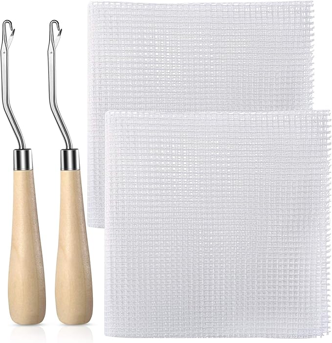 WILLBOND 2 Pieces Blank Rug Hooking Mesh Latch Hook Mesh Canvas Kit with 2 Pieces Wooden Bent Tool for DIY Tapestry Canvas (19 x 39 Inches)