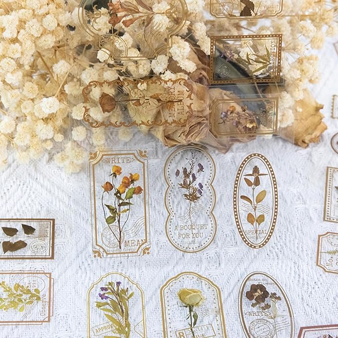 120 Pcs Flowers Stamp Stickers, Vintage Aesthetic Scrapbook Supplies for Junk Journal Bullet Therapy Planner Laptops Card Making Supplies