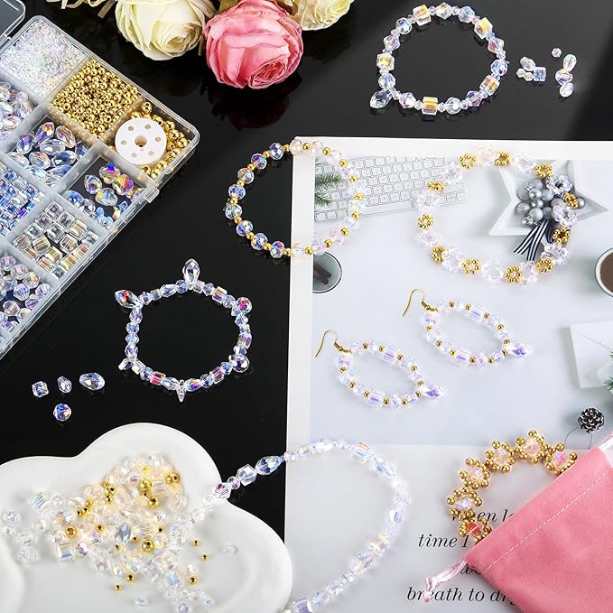Zefy 2000+ Pcs Crystal Glass Beads for Jewelry Making, 24 Styles 3-15mm Assorted Faceted Craft Bead Kit for DIY Bracelet Necklace Earring Suncatcher (Clear AB Color)