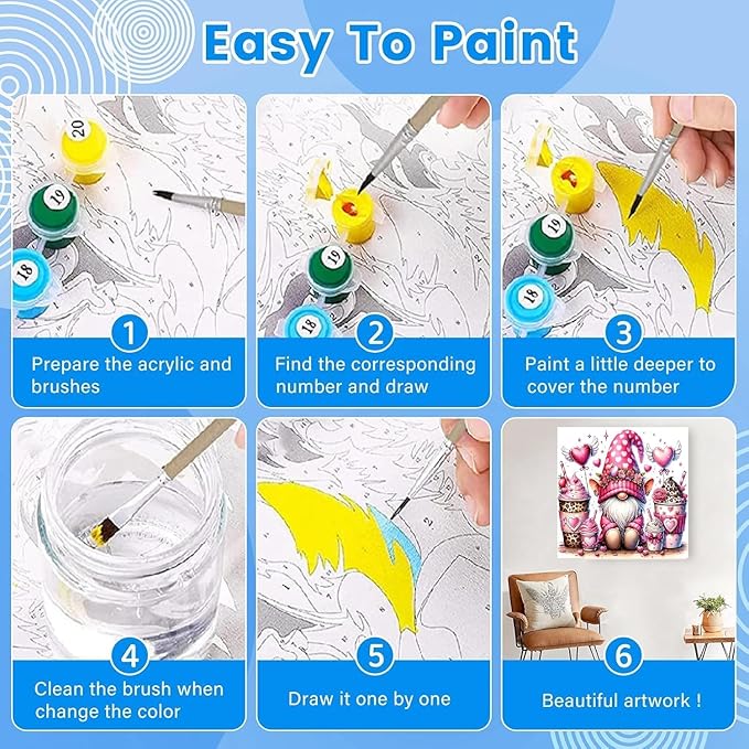 KYOQFVN Valentine's Day Gnome Paint by Numbers Kit for Adults - DIY Pink Heart Painting by Number on Canvas，Acrylic Paints Lovers Decor Paint by Number Kits 16×16 Inch（Without Frame）