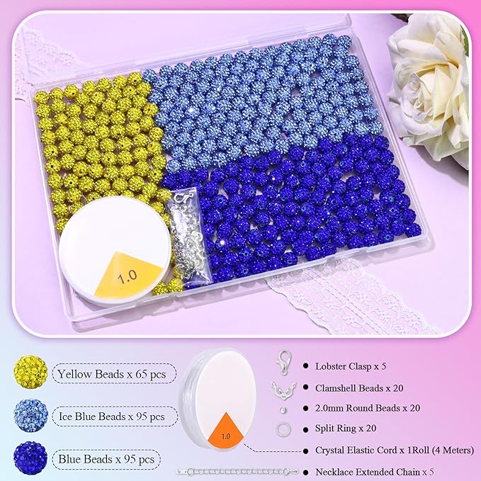 Dowarm 255PCS 10mm Rhinestone Beads for Baseball Rhinestone Necklace Bracelet Jewelry Making, Round Polymer Clay Beads for Crafts Beaded Pen, DIY Shamballa Pave Disco Bead, Ice Blue|Blue|Yellow