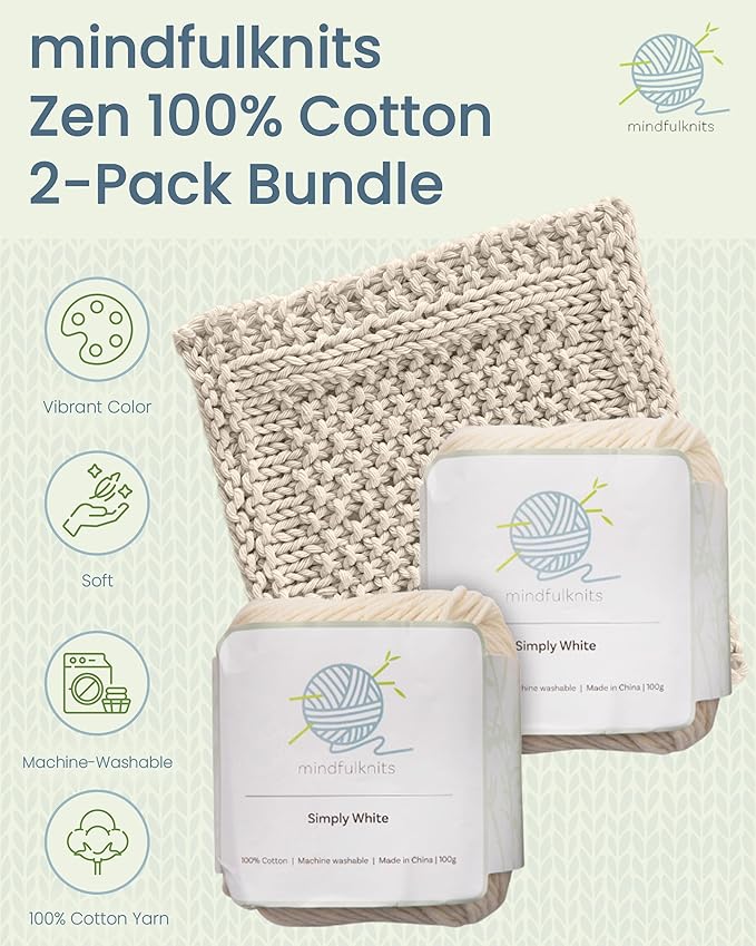 Knitting Yarn, Crochet Yarn, Mindfulness and Relaxation 100 Percent Cotton Yarn, Single Color 2-Pack - Medium Number 4 Worsted Bundle, Soft & Gentle for Garments, Amigurumi, Baby Items by mindfulknits
