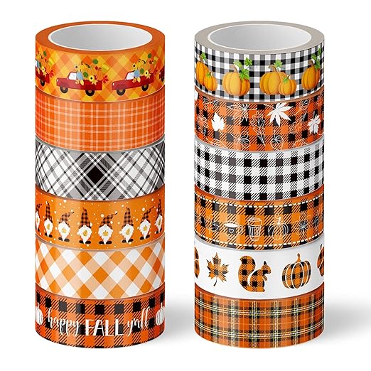 Whaline 12 Rolls Fall Plaid Washi Tapes Colorful Buffalo Plaid Autumn Pumpkin Truck Maple Leaves Gnome Pattern Masking Tape Decorative Tape for Fall Scrapbook Journal DIY Craft Gift Wrapping, 0.6Inch