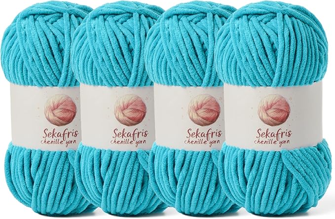 4 Pack Chunky Chenille Yarn for Crocheting, Baby Yarn for Crocheting Soft Blanket, 349.9 yds /14.1 oz Crochet Yarn, Bulky 5 Amigurumi Yarns, Fluffy Velvet Yarns for Knitting Crafts (4 Lake Blue)