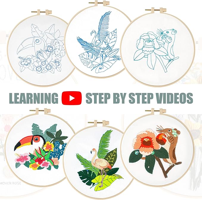 lx lermx embroidery kits for beginners, adult starter cross stitch kit needlepoint complete diy kit with unique patterns, hoop, colorful threads, tools, step by step instructions & video tutorial