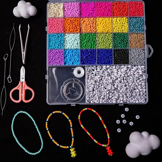 6380 PCS Jewelry Making Kit – 24 Colors Seed Beads, 24 Colors Clay, UV Color Changing & Glow Pony, Letter, Mixed Charms, Tools,Gift Box for DIY Bracelets