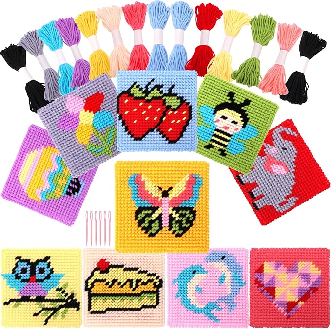 Pllieay Kids 10-in-1 Cross Stitch Beginner Kit for Kids, Includes Instruction of 10 Different Patterns, 10 Blank Plastic Canvas for Needlework, and 14 Colored Threads, Needlepoint Starter Sewing Set