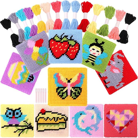 Pllieay Kids 10-in-1 Cross Stitch Beginner Kit for Kids, Includes Instruction of 10 Different Patterns, 10 Blank Plastic Canvas for Needlework, and 14 Colored Threads, Needlepoint Starter Sewing Set