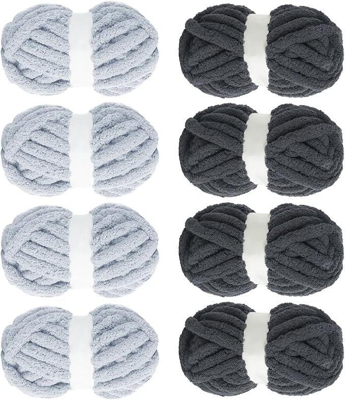 MABOZOO Assorted Chunky Yarn for Crocheting 8 Pack,Fluffy Jumbo Chenille Yarn,Soft Plush Yarn Bulky,Giant Thick Fuzzy Yarn for Hand or Arm Knitting,4 Dark Grey & 4 Rice Grey(31.7 yds,8 oz Each Skein)