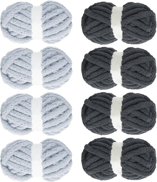 MABOZOO Assorted Chunky Yarn for Crocheting 8 Pack,Fluffy Jumbo Chenille Yarn,Soft Plush Yarn Bulky,Giant Thick Fuzzy Yarn for Hand or Arm Knitting,4 Dark Grey & 4 Rice Grey(31.7 yds,8 oz Each Skein)