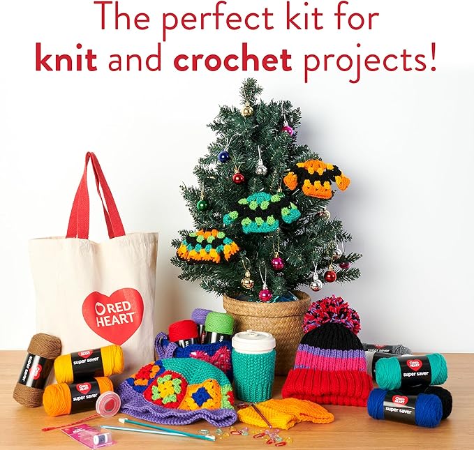 Red Heart Super Saver Yarn Stitchers Kit, 12 Balls, 1 Tote Bag, 1 Knitting Needle, 1 Crochet Hook, 1 Measuring Tape, 1 Knit Counter