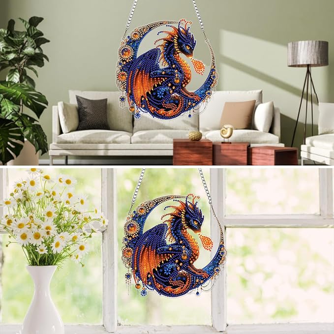 MXJSUA Dragon Diamond Art Hanging Kits for Adults Beginners, Crystal Diamond Suncatchers, Special Shape Diamond Painting Pendant Window Ornament Gifts for Home Garden Door Wall Decor