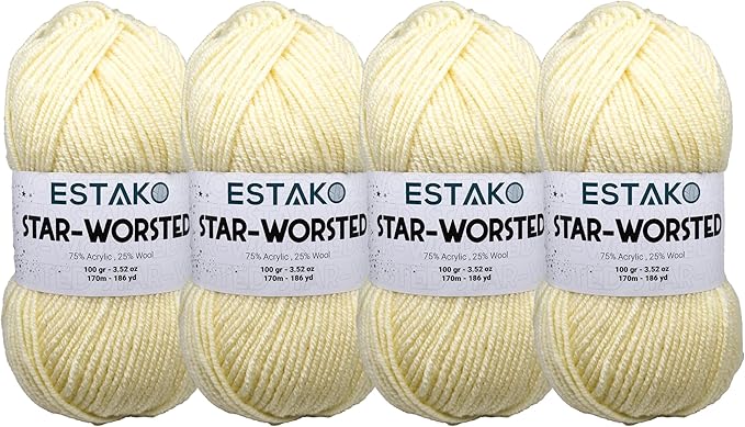 Estako Star-Worsted Yarn - (4 Skeins Pack) - 75% Acrylic 25% Wool - Soft Medium Weight #4 - (4 x 3.52 oz / 4 x 186 yds) - Crochet & Knitting Yarn (40299 - Cream)