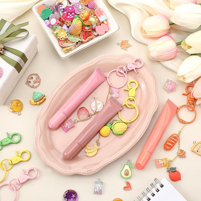 VioraWhite 213 Pcs Lip Gloss Keychain Making Kit 100 Pink Enamel Charms 32.81 ft Gold Chains for DIY Crafts Women(Cute)
