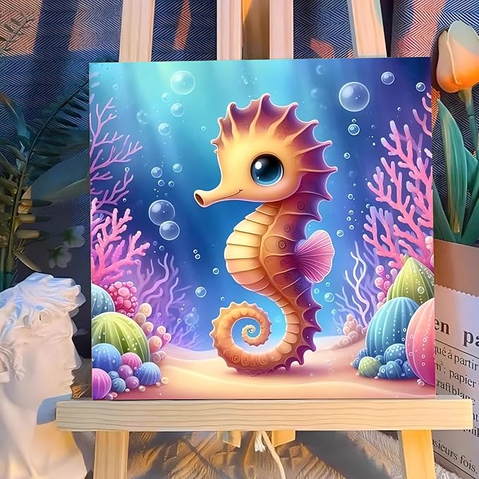 Reivworl Paint by Numbers Kit for Kids with Frame and Easel, Seahorse Paint by Number for Kids Age 6-8-12, Paint by Numbers Kits for Gifts and Home Decor - 8X8Inch