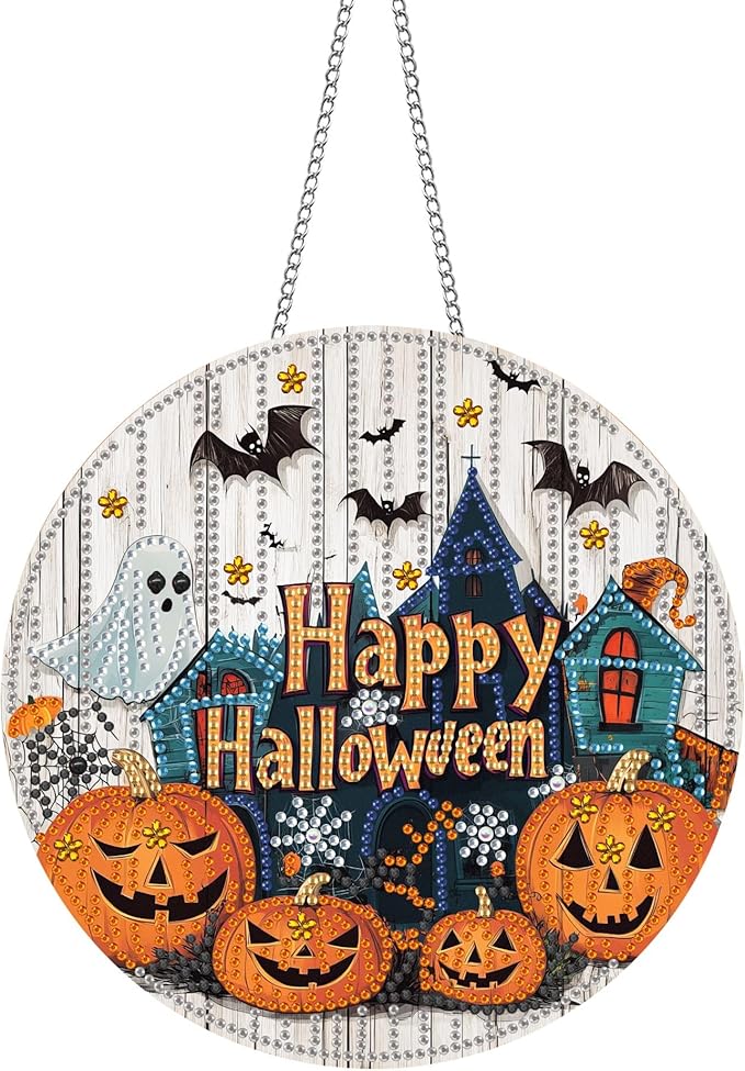 Pavemlo Hanging Diamond Art Kits for Adults Halloween Pumpkin – 8x8 Inch Double-Sided Acrylic Board DIY Crystal Diamond Suncatcher Pendant, Sparkling Home Wall or Window Decoration Handmade Gift