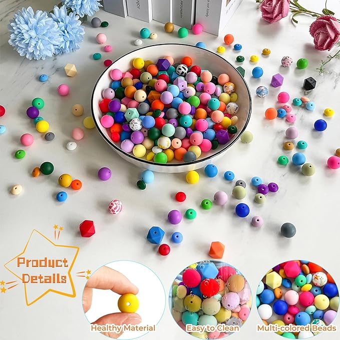 630pcs Silicone Beads for Keychain Making, 12mm 15mm Round 14mm Polygonal Bead 48 Colors Bulk Rubber Loose Beads for DIY Pens Necklace Bracelet Jewelry Making Kit
