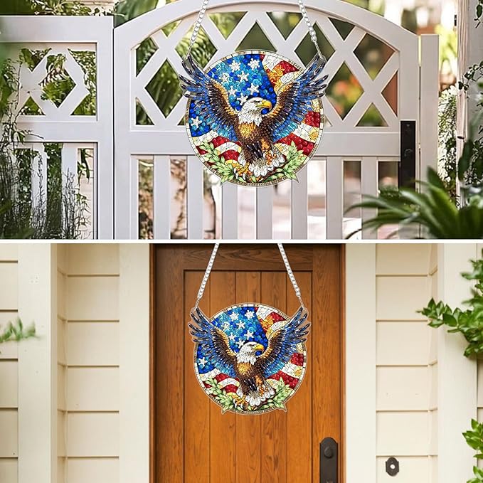 MXJSUA American Bald Eagle Diamond Painting Art Window Suncatchers, Diamond Art Kits for Adults Hanging Ornaments with Chain, 5D Special Shape Crystal Diamond Pendant Accessories for Decor Gift