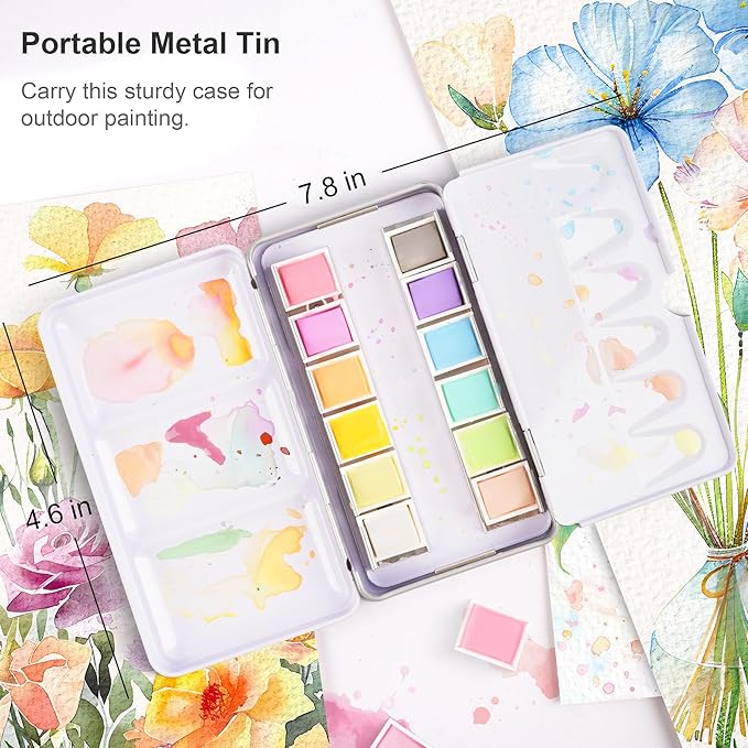 PHOENIX Pastel Watercolor Paint Set - 12 Half Pan Soft Muted Colors, Artist Grade Palette Watercolor Travel Set, Gift for Water Color Painter
