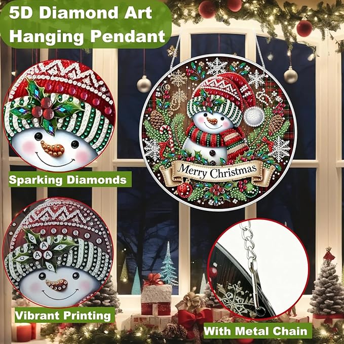 DIY Christmas Wreath Hanging Diamond Art Painting Kits for Adults, Special Shape Snowman Double Sided Acrylic Rhinestone Painting, Window Wall Hanging Ornament Pendants for Home Garden Decor (Snowman)