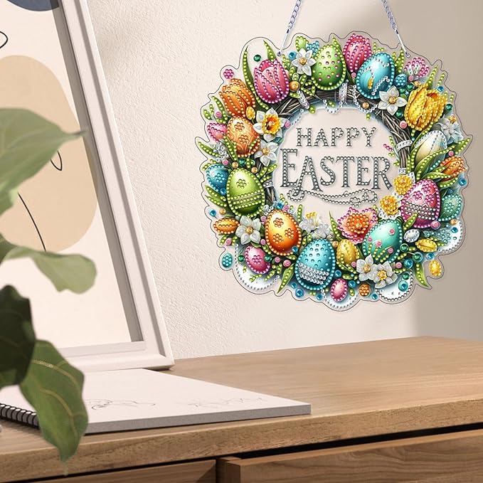 VODAPYC Easter Wreath Diamond Art Hanging Kits for Adults, DIY Double Sided Partial Special Shaped Diamond Art Window Pendant Ornament(Happy Easter Wreath)