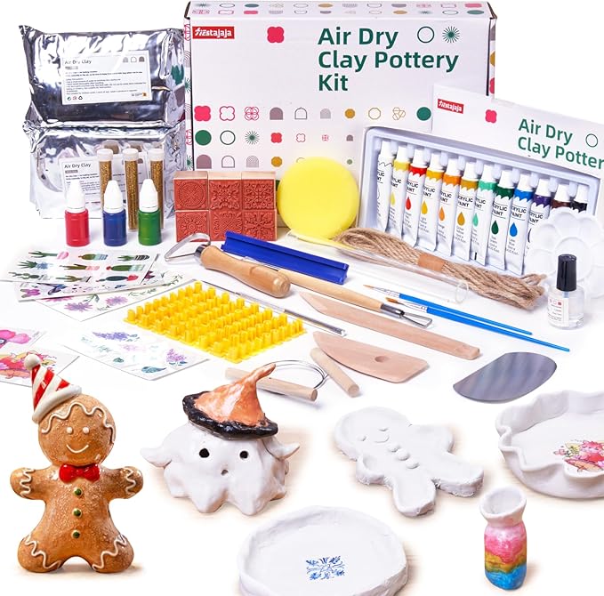 Air Dry Clay Kit for Adults, Pottery Kit for Beginners, 48 PCS Clay Kit with Acrylic Paints, Stamps, Sculpting Tools & Step-by-Step Guide - Crafts for Birthdays Xmas Gift & Decor