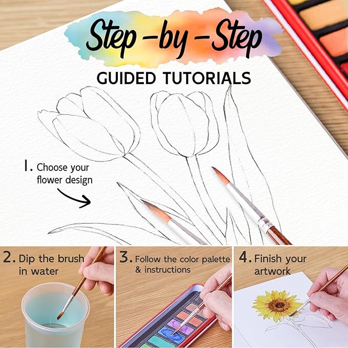 Watercolor Workbook for Beginners, Watercolor Paint Set, Arts & Crafts Water Color Book Notebook Practice Coloring Book for Adults and Teens with 12 Colors Painting Set & Brush (Flowers)