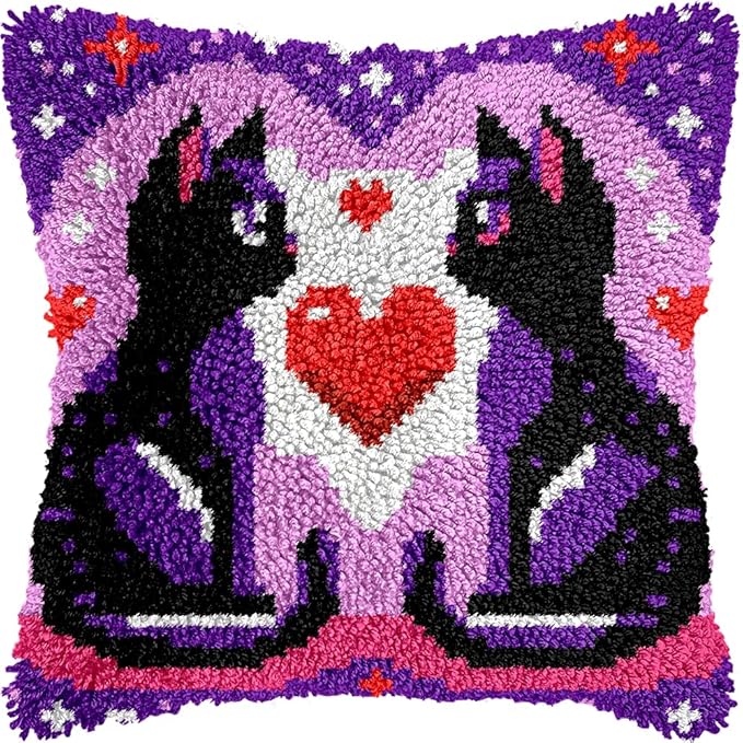 Couple Cats Valentine Latch Hook Kits for Adults Kids Beginners Cute Animals Latch Hook Pillow Kit Pre-Printed Latch Hook Rug Kits Cross-stitch Embroidery Cushion for Home Sofa Decoration 17x17 in.