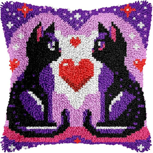 Couple Cats Valentine Latch Hook Kits for Adults Kids Beginners Cute Animals Latch Hook Pillow Kit Pre-Printed Latch Hook Rug Kits Cross-stitch Embroidery Cushion for Home Sofa Decoration 17x17 in.