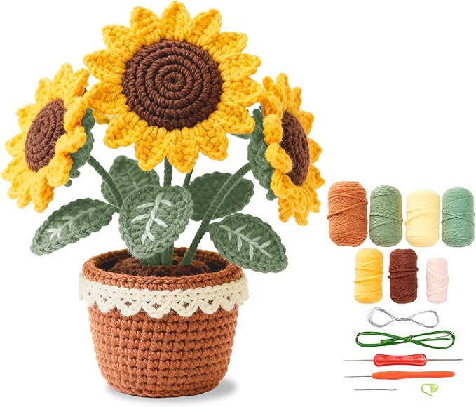ADDZRZR Easy Crochet Sunflower Kit for Beginners Adults,Includes 8 Yarns,7 Crochet Hooks & More, Beginner Crochet and Knitting Kits for Adults & Teens