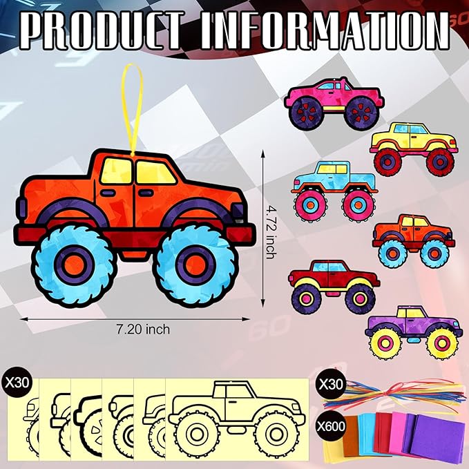 30 Pcs Monster Truck Christmas Ornaments DIY Monster Truck Suncatchers Paper Craft Set Stained Glass Effect Tissue Paper Kits Gift Bulk for Xmas Activities Art Party Decor