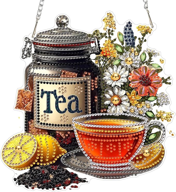 MXJSUA Tea Diamond Art Hanging Kits for Adults Beginners, Crystal Diamond Suncatchers, Special Shape Diamond Painting Pendant Window Ornament Gifts for Home Garden Door Wall Decor