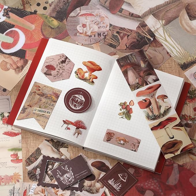 Scrapbook Photo Album Supplies Kit with Tweezers and Glue Tape – Vintage Aesthetic Junk Journaling Set, Scrapbooking Paper, Sticker Pack, Notebook, Stationery Kit, Gift for Adults Teens (Mushroom)