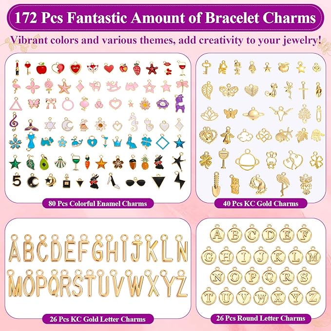 Modacraft 3 Types 172 Pcs Charms for Jewelry Making with Jump Rings, Bulk Enamel KC Letter Charm for DIY Necklace Bracelet Earring Craft Supplies