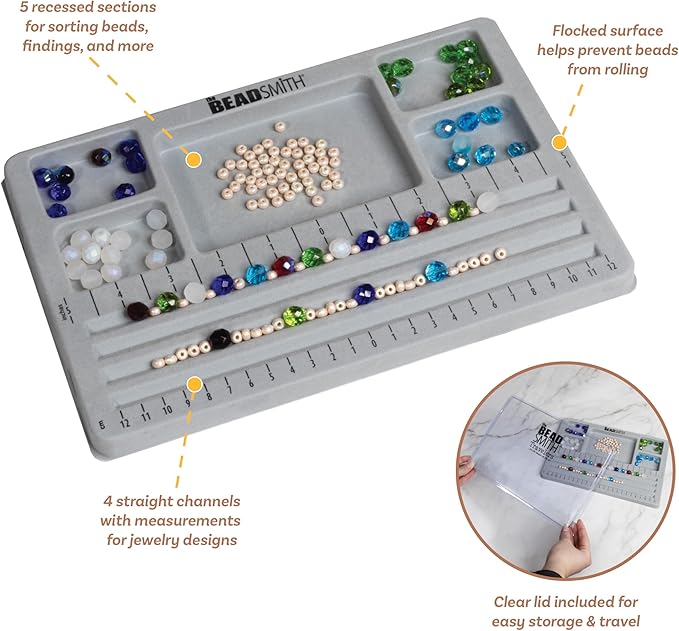 The Beadsmith Mini Bead Board - Grey Flocked, 4 Straight Channels, 5 Recessed Compartments, 7.75 x 11.25 inches, Design Boards for Creating Bracelets, Necklaces and Other Jewelry