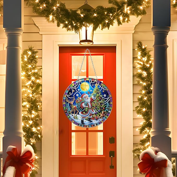 DIY Diamond Art Painting Wreath Kits，Special Shaped Rhinestone Hanging Ornament Diamond Art Window Pendants for Gift Home Garden Wall Hanging Kits,Double Sided (Santa Claus-1)