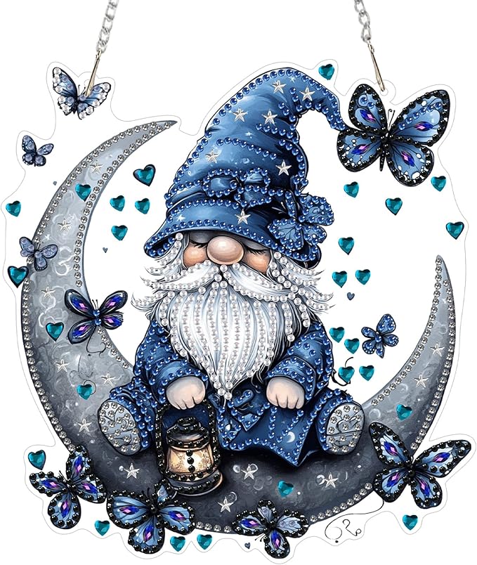 KEYIFA Diamond Painting Kit, DIY Gnome Diamond Art Hanging for Adults Beginner, Moon Gem Arts Pendant Special Shaped Rhinestone Window Ornaments Wall Door Garden Decoration Gift, Double Sided