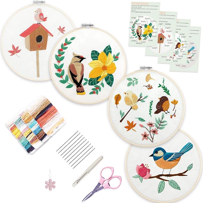 bonroy 4 sets embroidery set for beginners, art craft, easy sewing, includes embroidery clothing, pattern, embroidery hoop, instruction manual, colorful thread needles set (6 pieces)